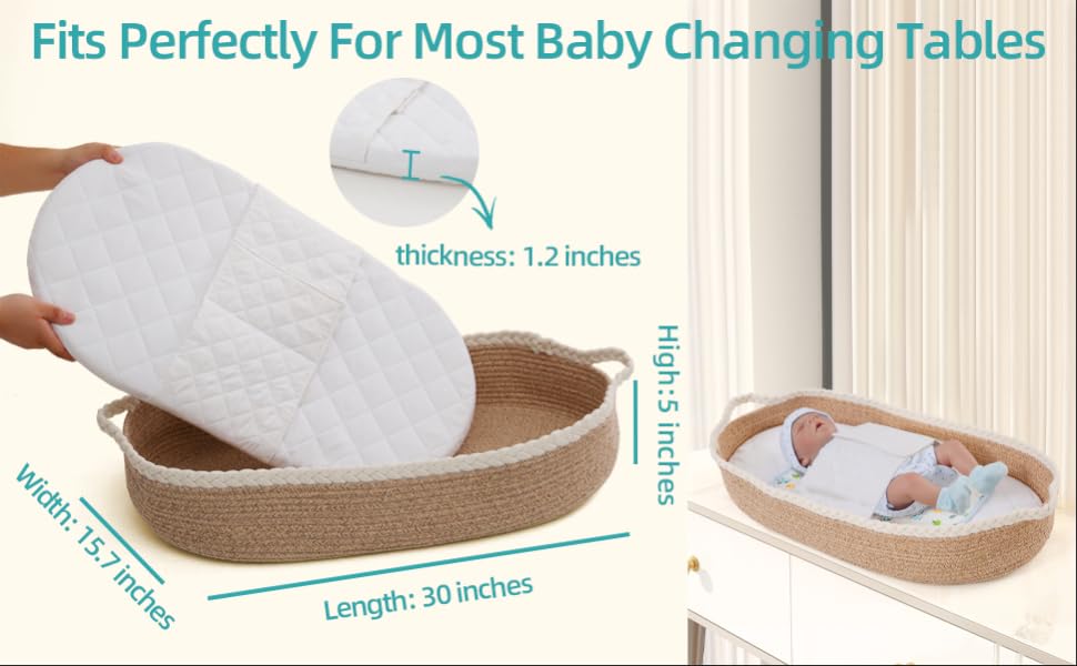 The baby changing basket size is 30x15.7x5 inches to fit most baby changing tables.