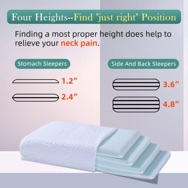 Adjustable Memory Foam Pillow - 4 Heights from 1.2 to 4.8in, Cervical Pillow for Neck Pain Relief, Neck Support Pillow for Side Sleepers, Cooling Pillow for Back/Stomach Sleeping, CertiPUR-US
