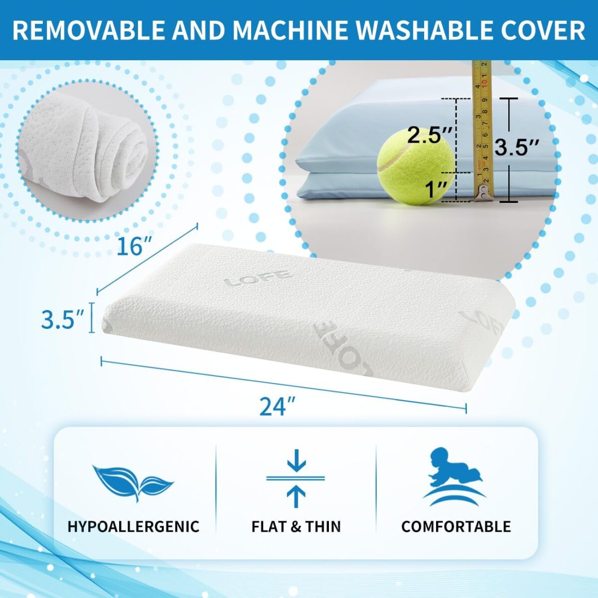 Flat Pillow - Adjustable Flat Pillows for Sleeping, 3 Heights of Flat Pillow Provide More Support for Neck Pain Relief, CertiPUR-US Soft Memory Foam Thin Pillow for Stomach/Side/Back Sleeper